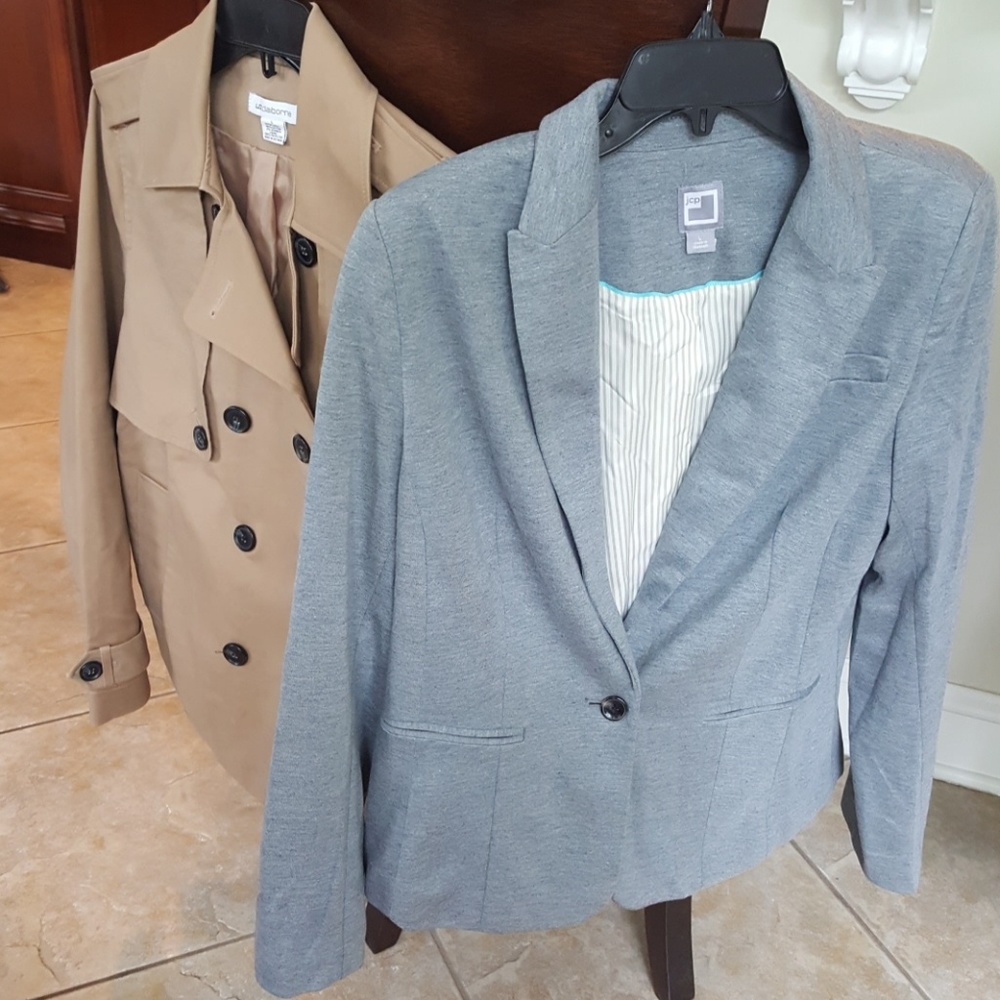 short trench style jacket plus a knit blazer