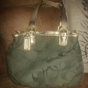 Authentic Coach Gold and Green Canvas Handbag