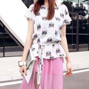 Silky White Cat Design 🐱 Blouse Cute Korean