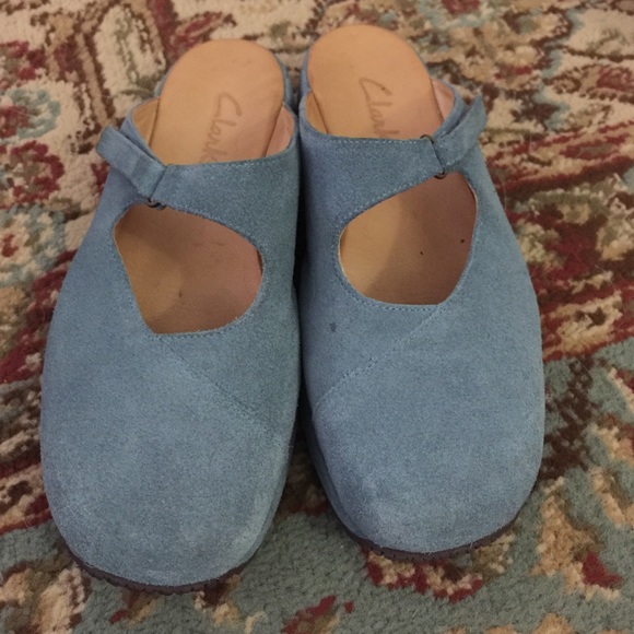 Clarks light blue suede mules