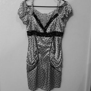 Silver silk like dress with dark grey polka dots
