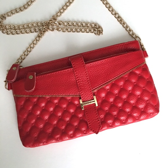 🆕 HESHE Genuine Leather Clutch with Golden Chain