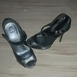 Black / metallic open toe stilettos