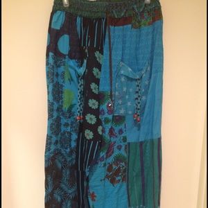 Boho shades of blue pants! Open size. Various shades of patchwork, OOAK!