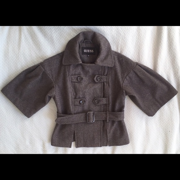 Guess - Belted cropped dark charcoal wool coat - Picture 1 of 4