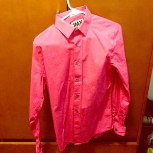 Hot pink button down shirt.