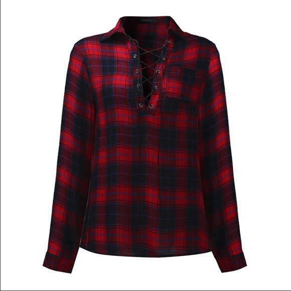 plaid lace up shirt last one - Picture 2 of 4