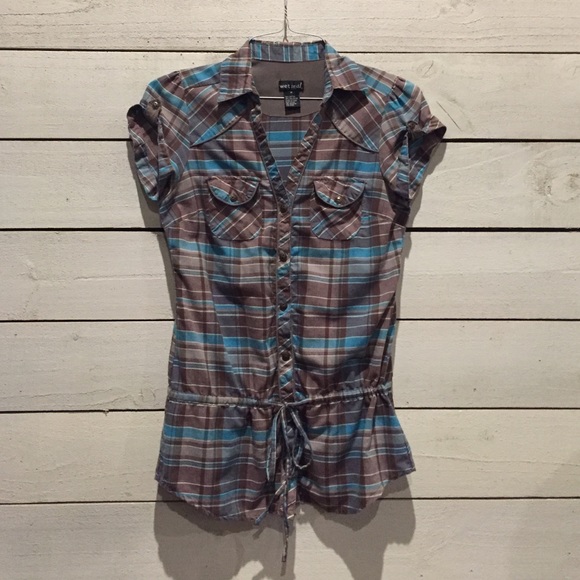 Plaid shirt sleeve shirt with tie drop waist