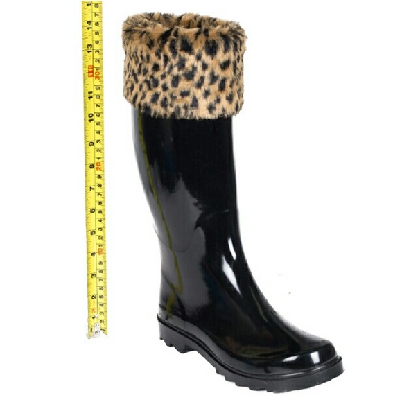 Women Leopard Cuff Black Rubber Rainboots RB1801 - Picture 3 of 4