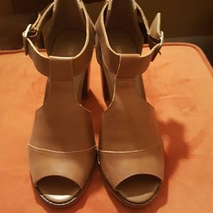 Tan open toe heels
