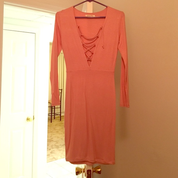 Lace up bodycon dress pink small
