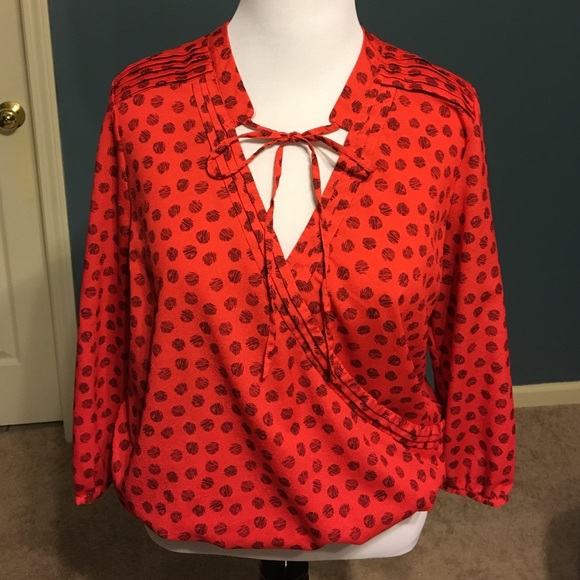 New York & Co. Orange Polka Dot Blouse