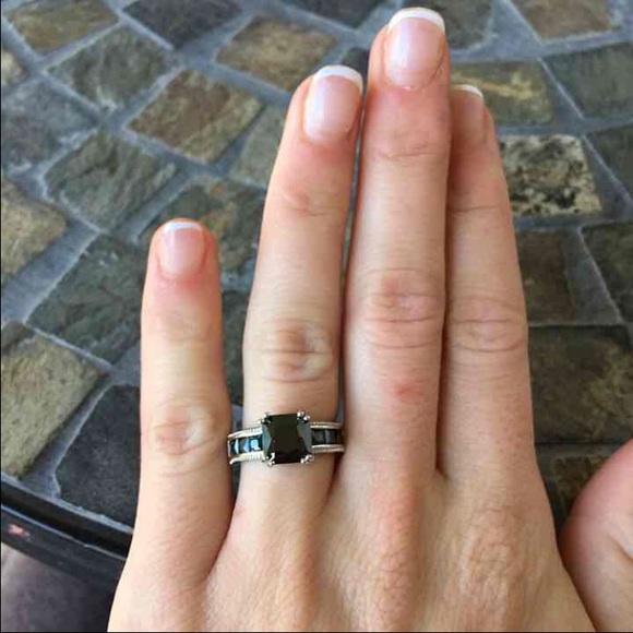 Black Obsidian Princess Cut Silver Engagement Ring - Picture 3 of 4