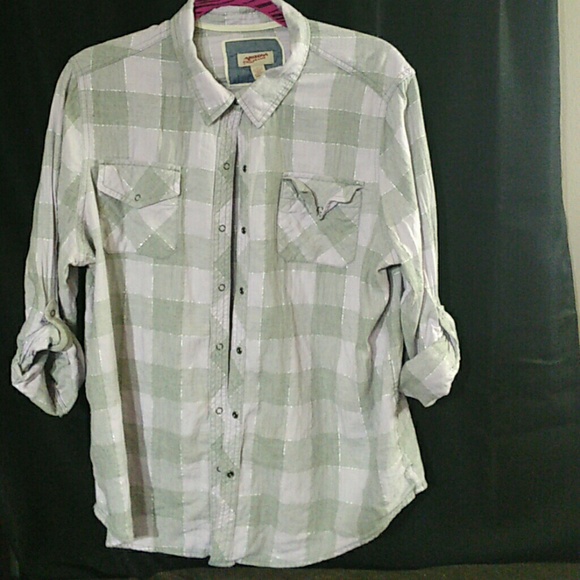 Gray and purple check sparkly thread snap top 1x