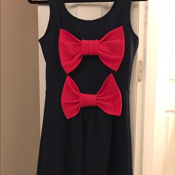 Navy Sleeveless Dress With Orange Bow Detail