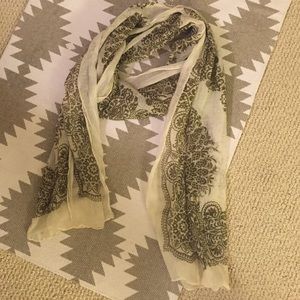 Sheer white and olive paisley print scarf