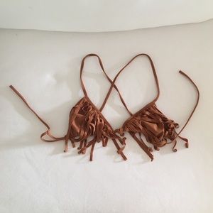 Acacia bronze cross cross back fringe bikini top