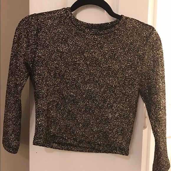 Gold And Sparkly Crop Top With 3/4 Sleeves