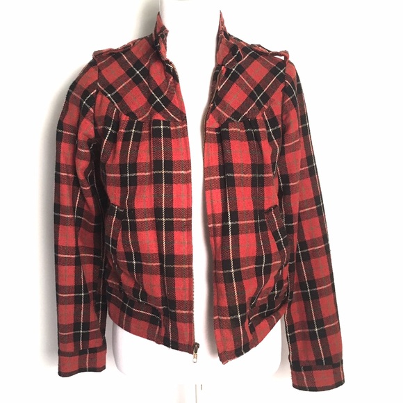 Red Plaid Fall Zip Up Moto Jacket F21 Sz Medium