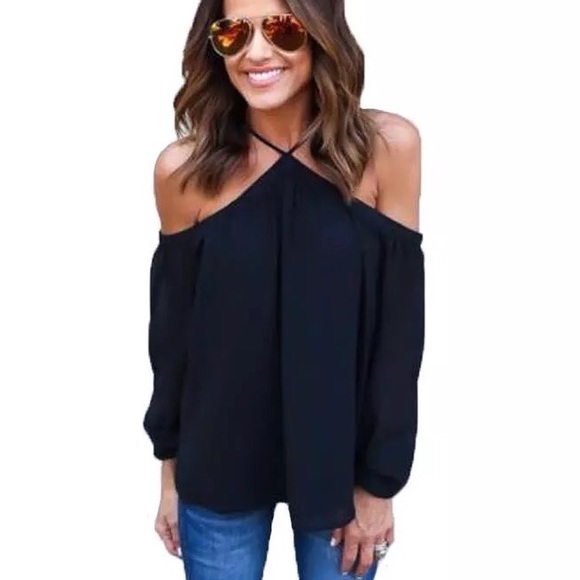 Boutique Tops - ❤️Black Cold Shoulder Chiffon Halter Top❤️