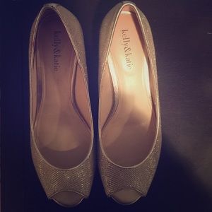 Gold peep toe wedges