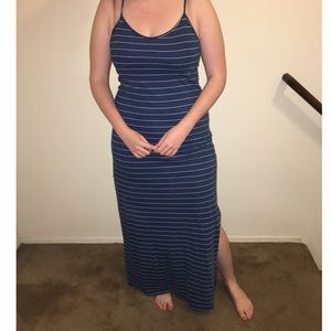 Long Striped Blue Dress with Slit. Size Medium.