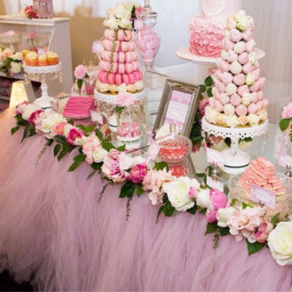 Custom Pink Floral Tulle Table Skirt