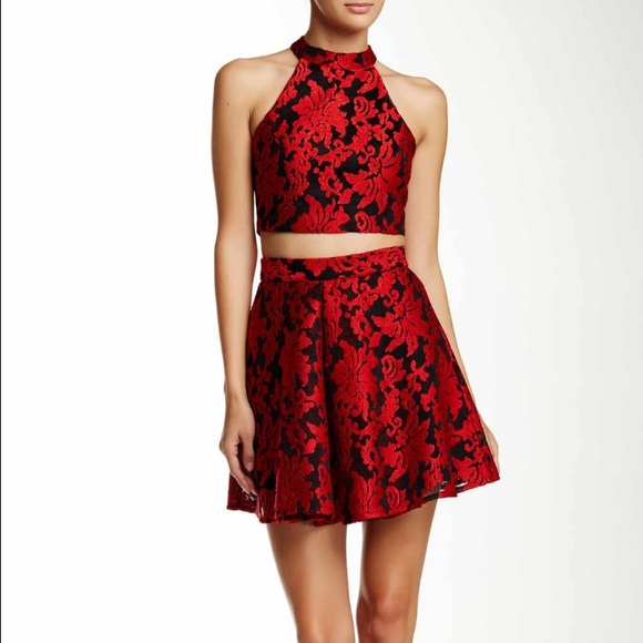 Two piece red and black lace mini