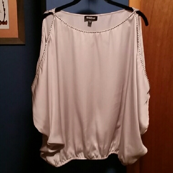 Bebe silver satiny shoulder top
