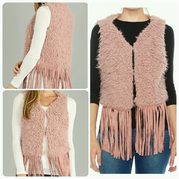 🆕One Size Fits Most Boho Pink Reversible Faux Fur Shearling Fringe Vest - Picture 3 of 4