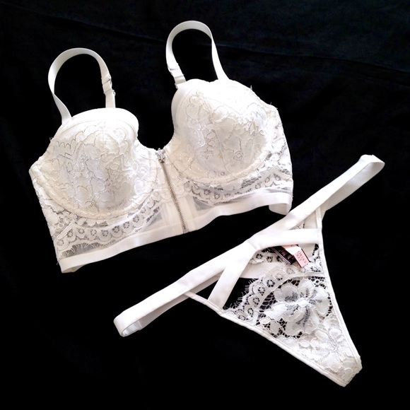 🌺 VICTORIAS SECRET LONGLINE SATIN LACE BRA THONG - Picture 2 of 4