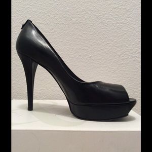 Stuart Weitzman Black Leather Peep Toe Pumps