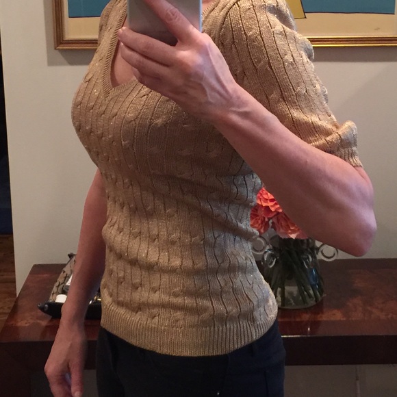 RL black label metallic gold cableknit sweater New