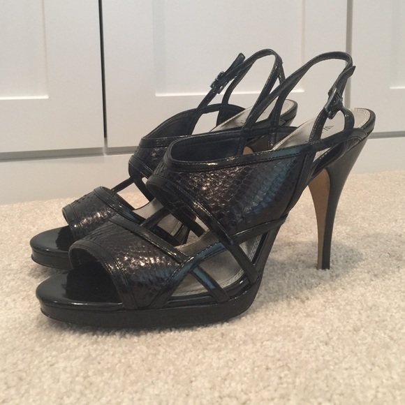 WHBM Black patent and snake skin heels