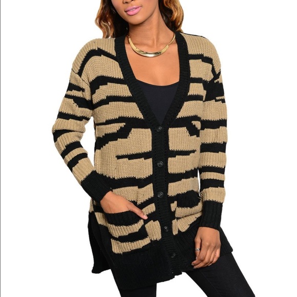 🚨LAST 1🚨Zebra Cardigan Taupe Black Knit Pockets - Picture 2 of 3