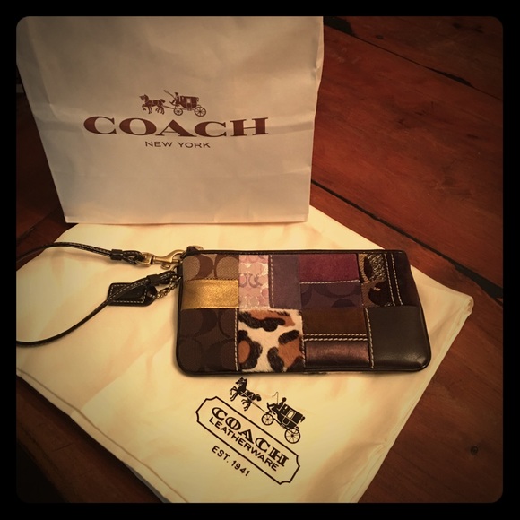 Coach purple and gold patchwork wristlet