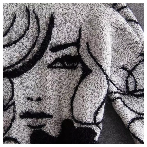 Silhouette Face Black Gray Eyelash Yarn Sweater - Picture 7 of 7