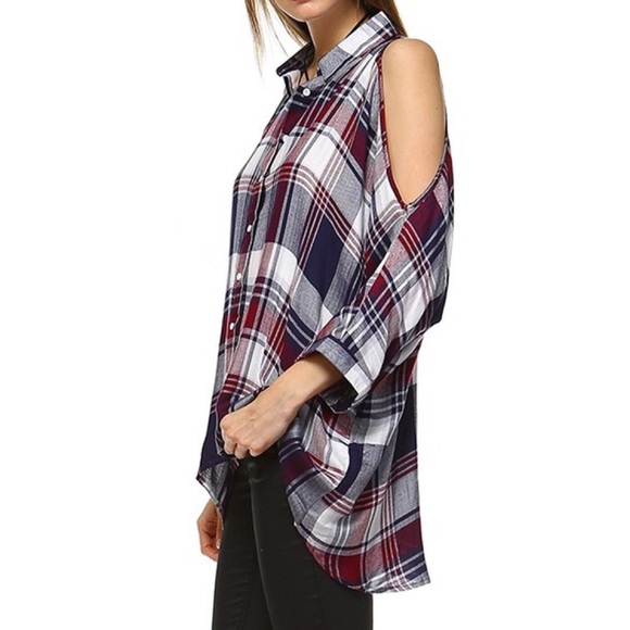 LAST ONE!! Cold Shoulder Plaid Top - Picture 2 of 3