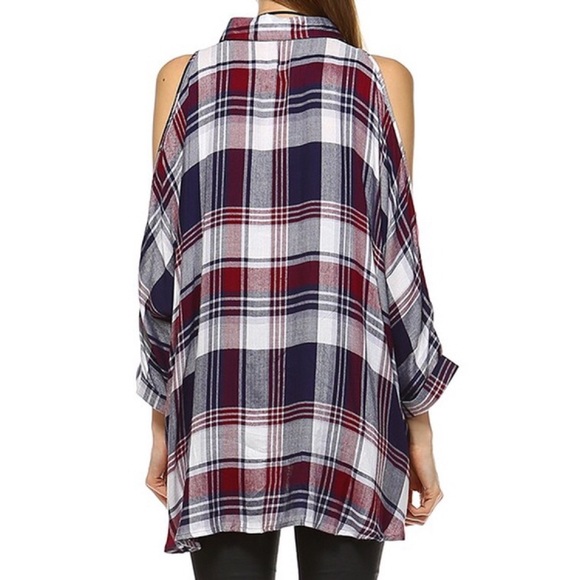 LAST ONE!! Cold Shoulder Plaid Top - Picture 3 of 3