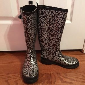 Silver and black cheetah rain boots