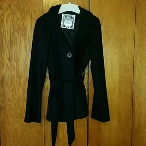 Black hooded peacoat.