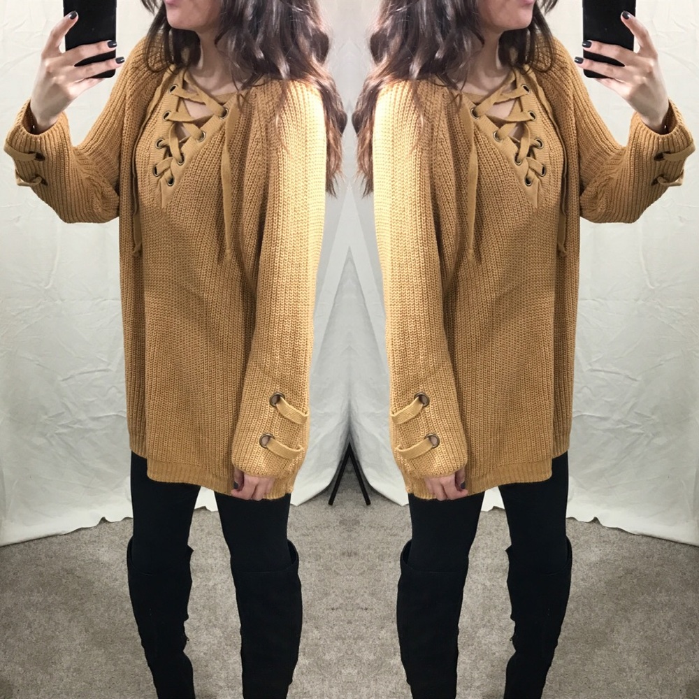LAST1 • Mustard Lace Up Knit Sweater - Picture 3 of 5