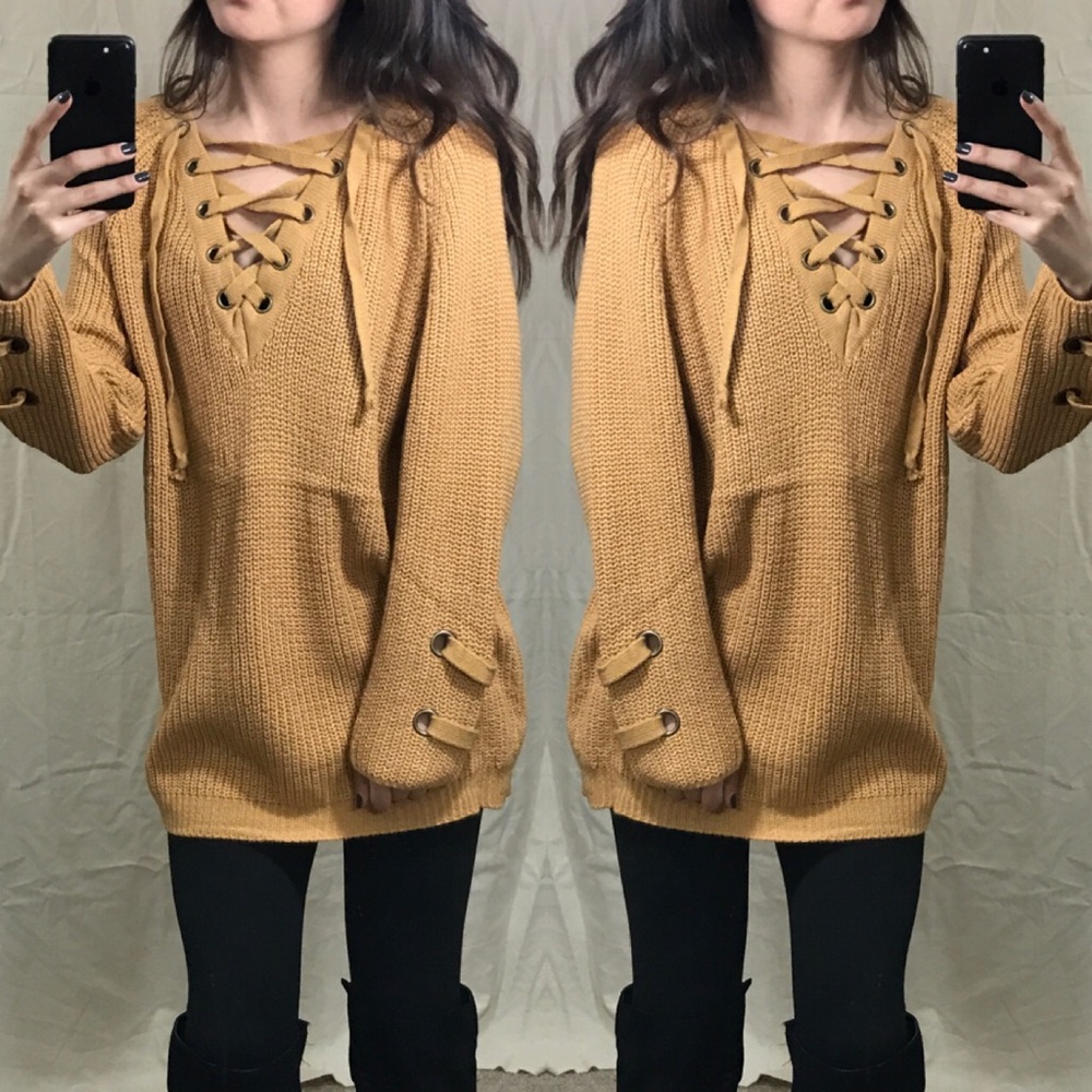 LAST1 • Mustard Lace Up Knit Sweater - Picture 4 of 5