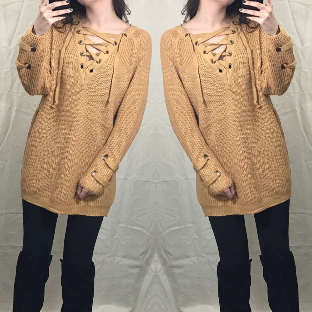 LAST1 • Mustard Lace Up Knit Sweater - Picture 2 of 5