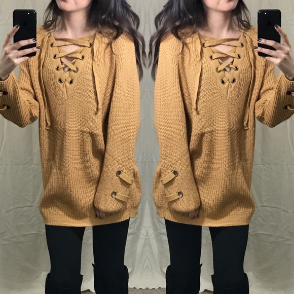 LAST1 • Mustard Lace Up Knit Sweater - Picture 4 of 5