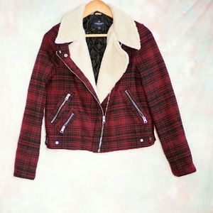 AEO beige red black plaid moto jacket