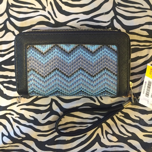 Leather canvas striped jumbo wristlet wallet