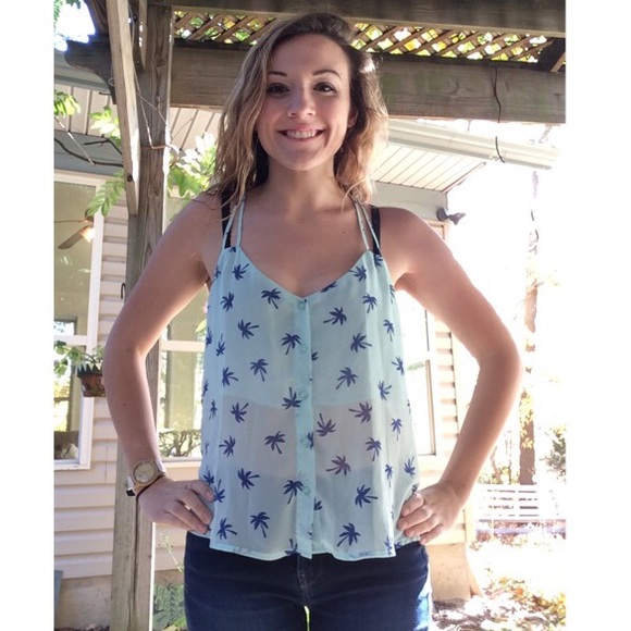 mine Tops - Blue palm tree sheer tank top