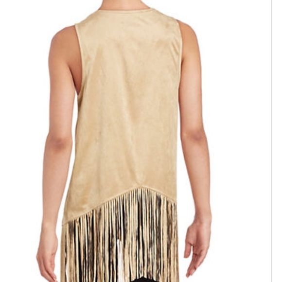 Kensie Tan Open Front Suede Fringe Vest - Picture 2 of 3