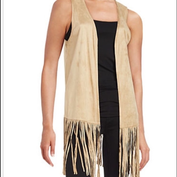 Kensie Tan Open Front Suede Fringe Vest - Picture 3 of 3